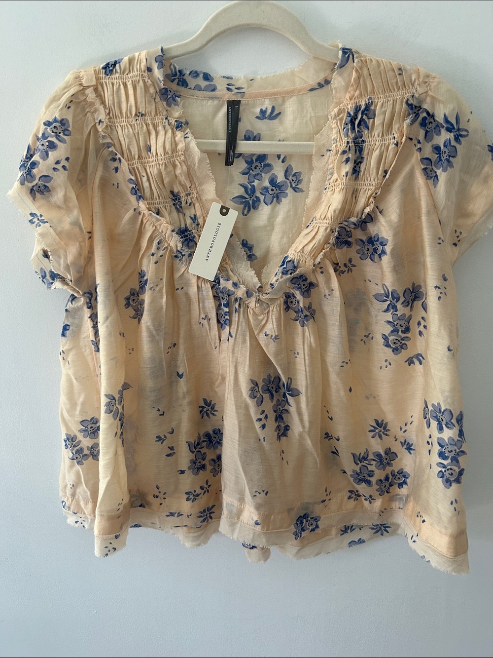 Anthropologie Smocked Yoke Blouse Bohemian Cream/Blue Floral Print Ruffled Hem